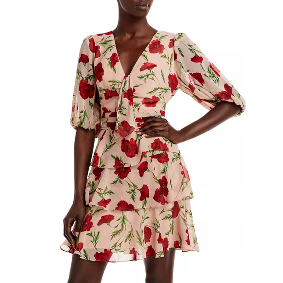 Aqua Floral Print Tiered Dress Pink Combo Size 4 2750